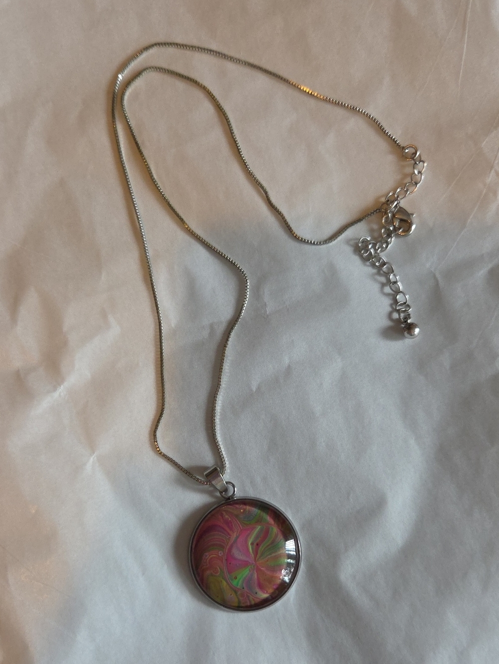 Handmade Pink Swirl Pendant Necklace - Silver Tone